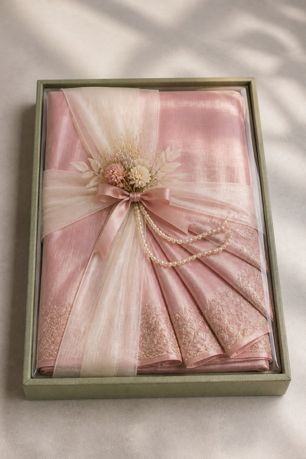 Blush pink saree packing with ivory ribbon and pearl details