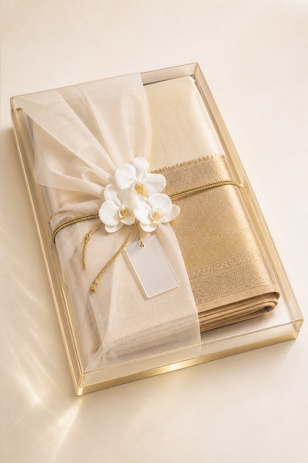 Ivory and gold saree in a minimal acrylic shaadi tray